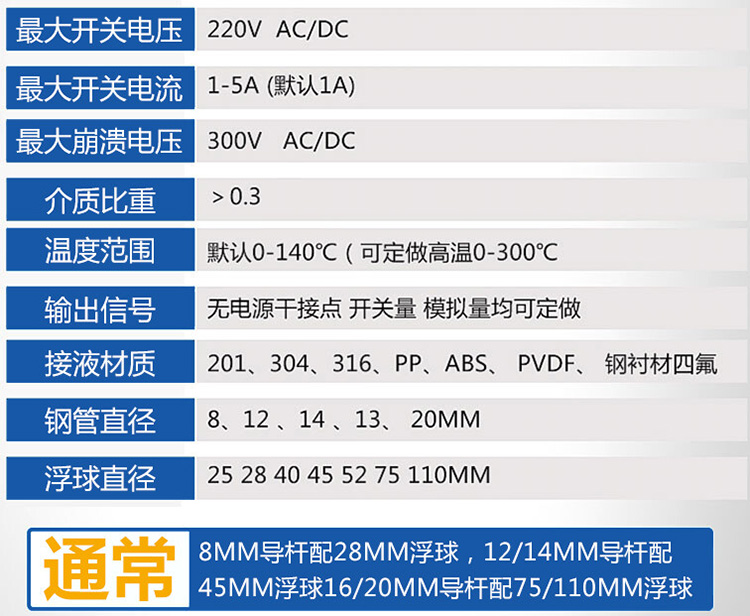 投入式浮球液位計技術(shù)參數(shù)對照表